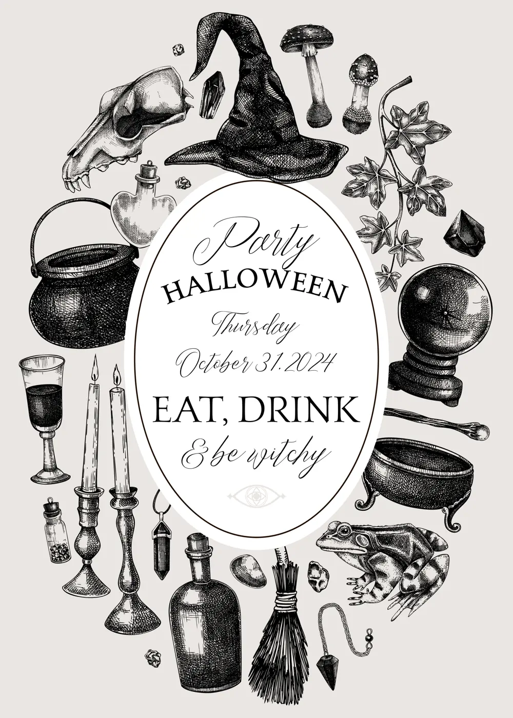 Witch party invitation design. Minimalist witchcraft frame, banner, flyer. Vinatge Halloween sketches. Hand-drawn vector illustration. NOT AI generated Illustration